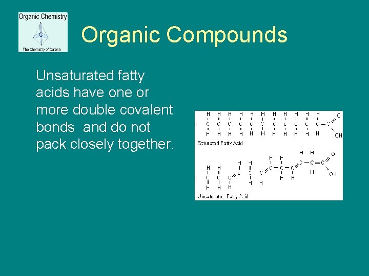 Organic Compounds Unsaturated fatty acids have one or more double covalent bonds and do