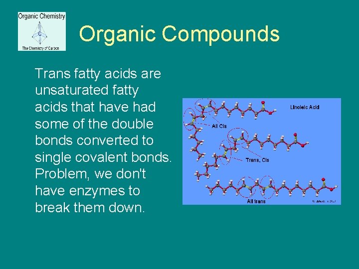 Organic Compounds Trans fatty acids are unsaturated fatty acids that have had some of