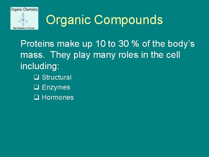 Organic Compounds Proteins make up 10 to 30 % of the body’s mass. They