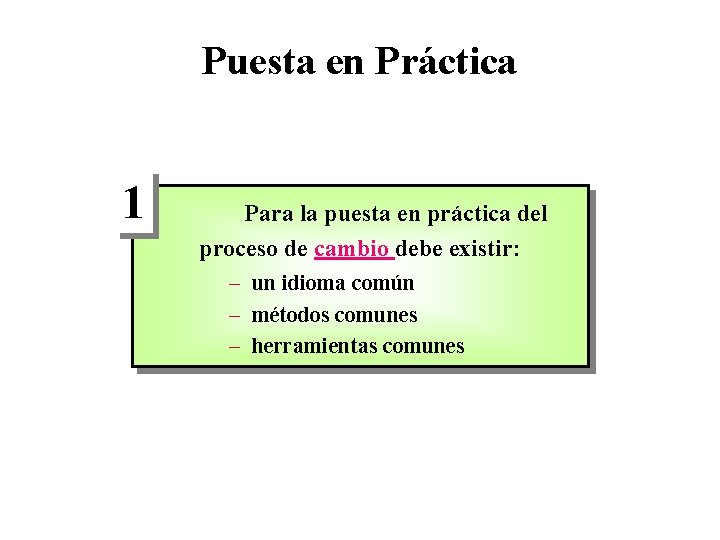 Puesta en Práctica 1 Para la puesta en práctica del proceso de cambio debe