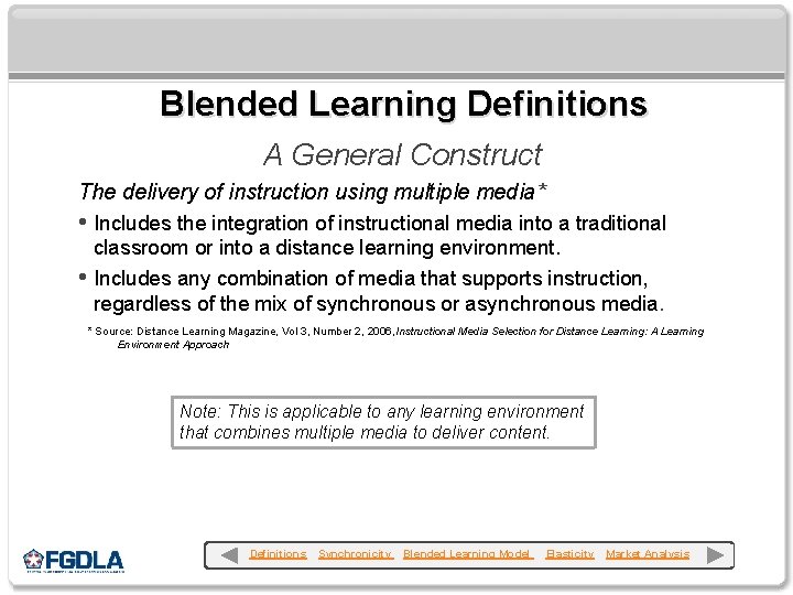Blended Learning Definitions A General Construct The delivery of instruction using multiple media* •