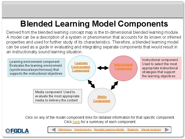 Blended Learning Model Components Derived from the blended learning concept map is the tri-dimensional