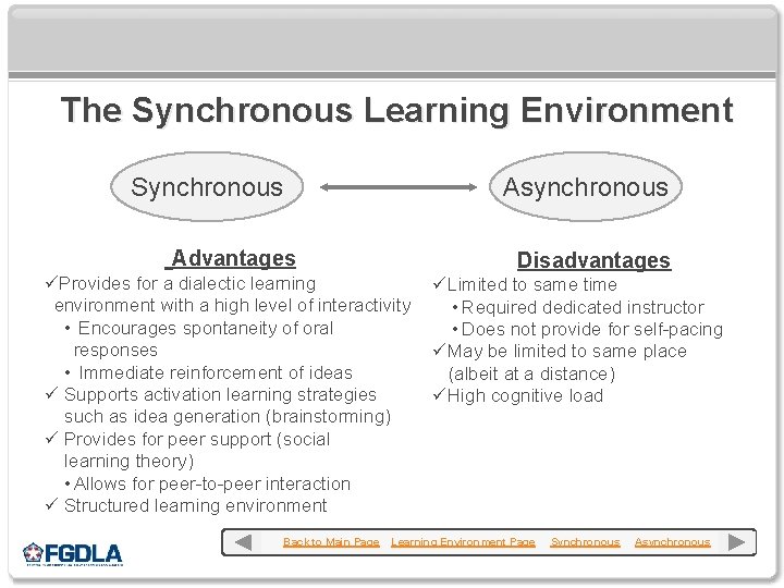 The Synchronous Learning Environment Synchronous Asynchronous Advantages üProvides for a dialectic learning environment with