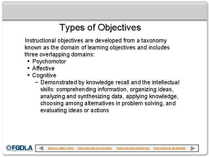 Types of Objectives Instructional objectives are developed from a taxonomy known as the domain