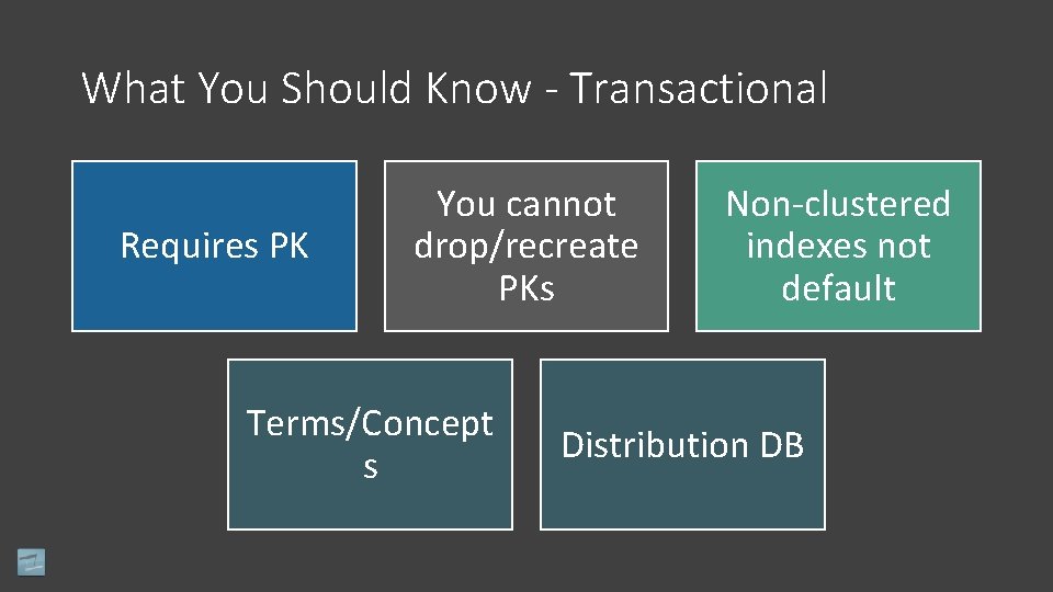 What You Should Know - Transactional Requires PK You cannot drop/recreate PKs Terms/Concept s