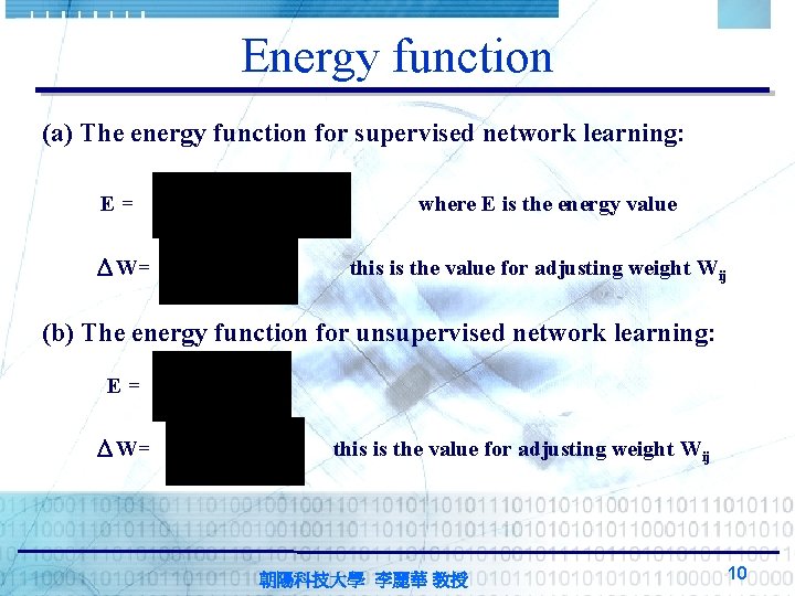 Energy function (a) The energy function for supervised network learning: E= ΔW= where E