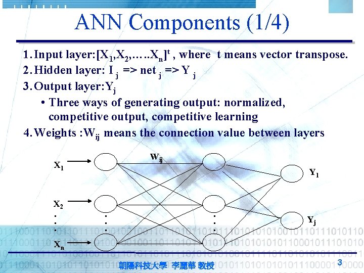 ANN Components (1/4) 1. Input layer: [X 1, X 2, …. . Xn]t ,