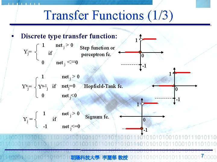 Transfer Functions (1/3) • Discrete type transfer function: 1 Yj= net j > 0