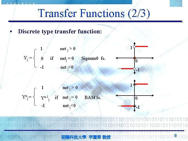 Transfer Functions (2/3) • Discrete type transfer function: 1 Yj = 0 if netj