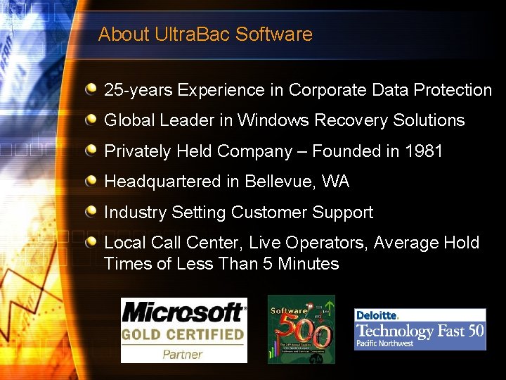 About Ultra. Bac Software 25 -years Experience in Corporate Data Protection Global Leader in