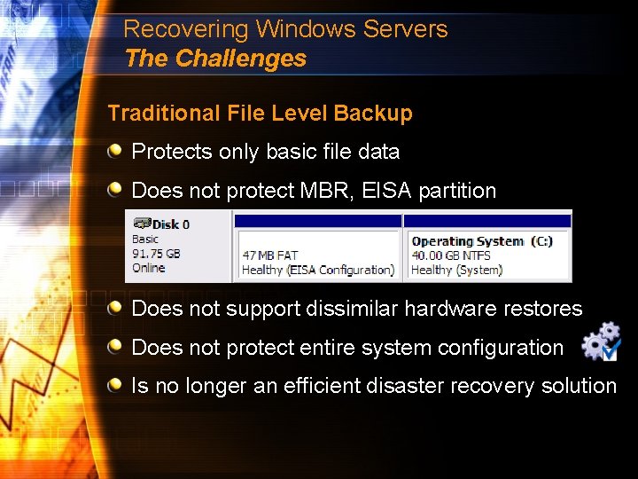 Recovering Windows Servers The Challenges Traditional File Level Backup Protects only basic file data