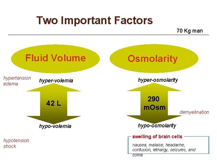 Two Important Factors 70 Kg man Fluid Volume hypertension edema hyper-volemia 42 L hypo-volemia