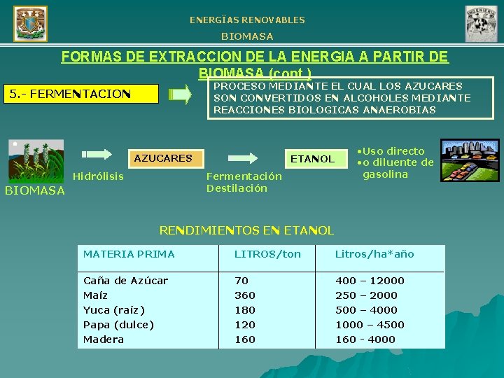 ENERGÏAS RENOVABLES BIOMASA FORMAS DE EXTRACCION DE LA ENERGIA A PARTIR DE BIOMASA (cont.