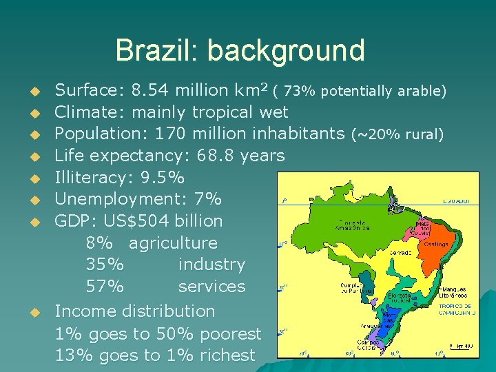 Brazil: background u u u u Surface: 8. 54 million km 2 ( 73%