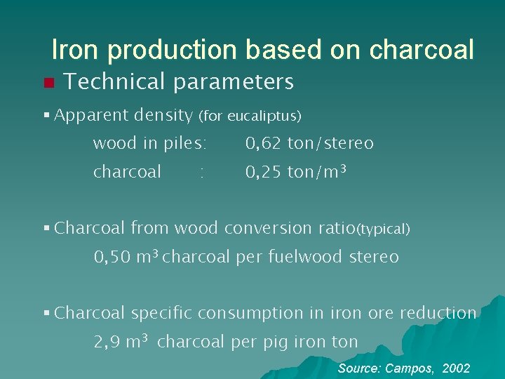 Iron production based on charcoal n Technical parameters § Apparent density (for eucaliptus) wood