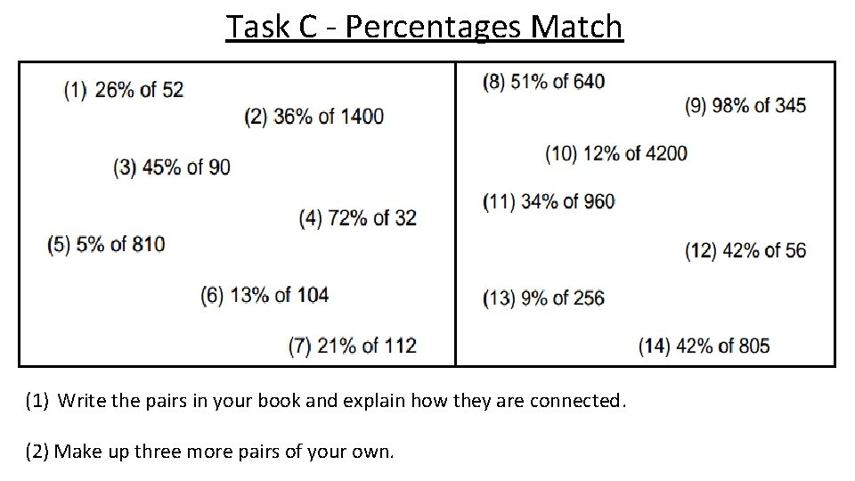 Task C - Percentages Match (1) Write the pairs in your book and explain