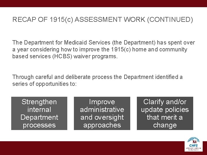 RECAP OF 1915(c) ASSESSMENT WORK (CONTINUED) The Department for Medicaid Services (the Department) has