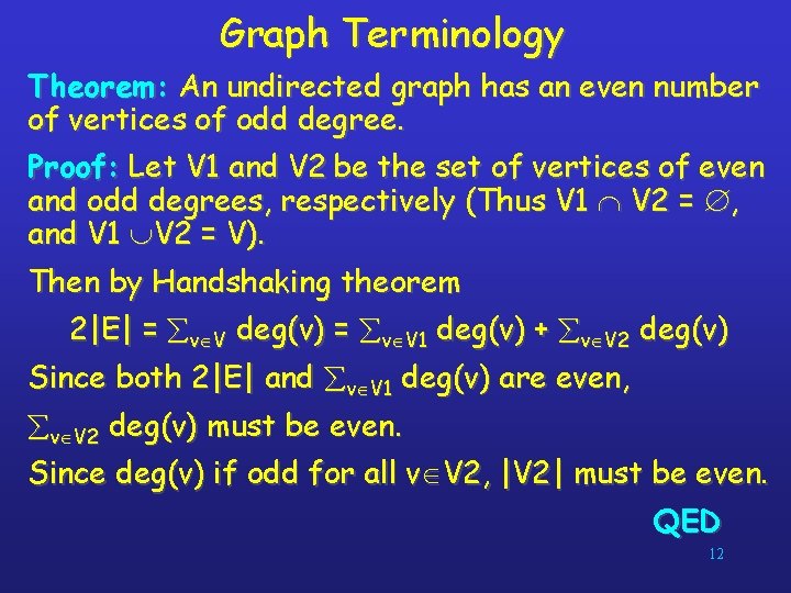 Graph Terminology Theorem: An undirected graph has an even number of vertices of odd