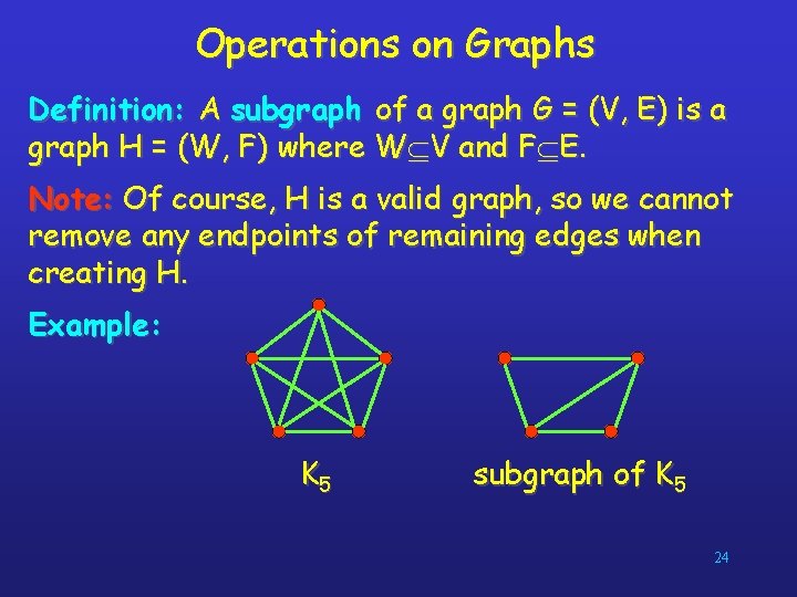 Operations on Graphs Definition: A subgraph of a graph G = (V, E) is