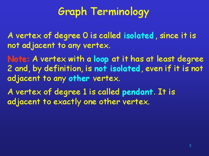 Graph Terminology A vertex of degree 0 is called isolated , since it is