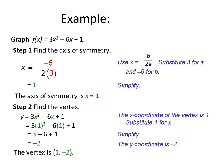 Example: Graph f(x) = 3 x 2 – 6 x + 1. Step 1 Example: Graph f(x) = 3 x 2 – 6 x + 1. Step 1