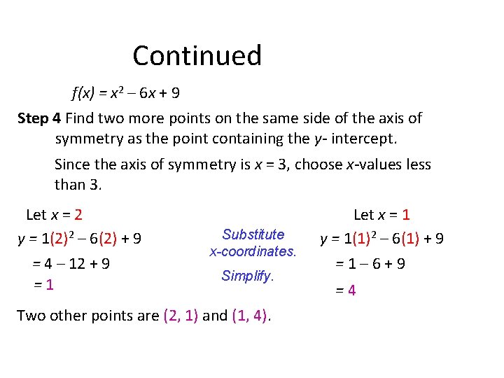 Continued f(x) = x 2 – 6 x + 9 Step 4 Find two Continued f(x) = x 2 – 6 x + 9 Step 4 Find two