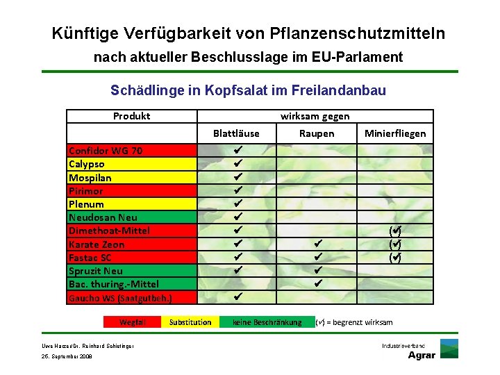 Künftige Verfügbarkeit von Pflanzenschutzmitteln nach aktueller Beschlusslage im EU-Parlament Schädlinge in Kopfsalat im Freilandanbau
