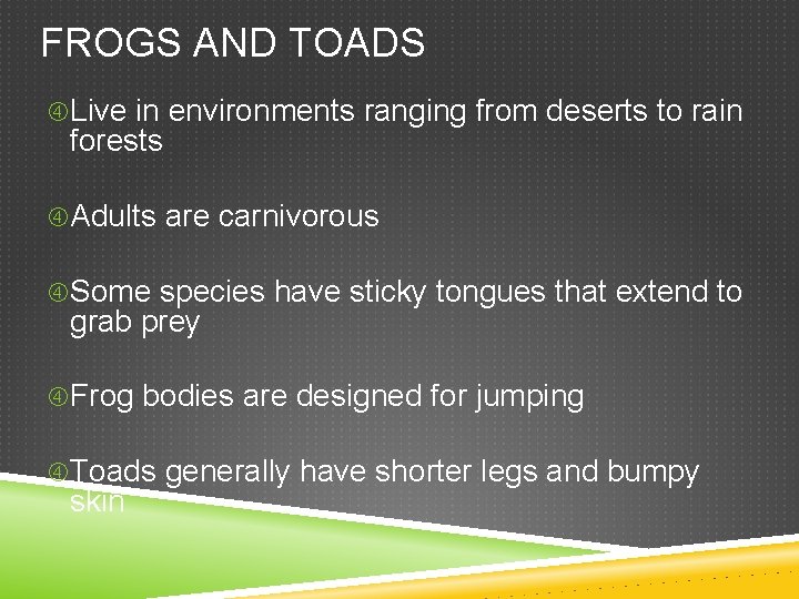 FROGS AND TOADS Live in environments ranging from deserts to rain forests Adults are