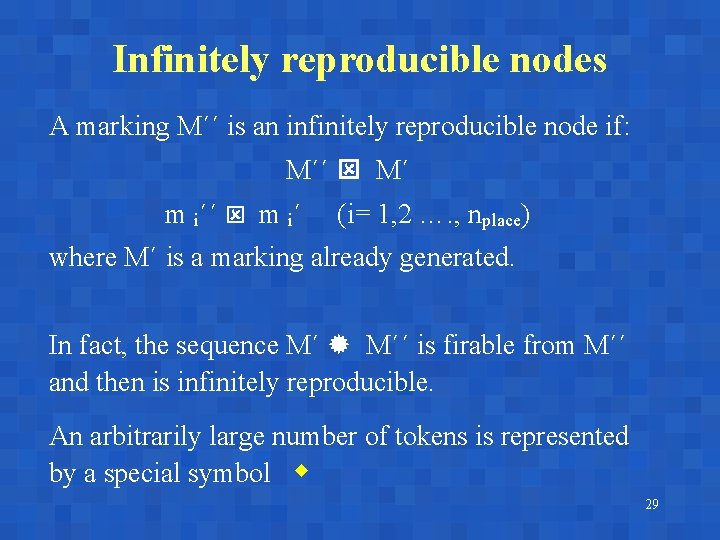Infinitely reproducible nodes A marking M´´ is an infinitely reproducible node if: M´´ M´