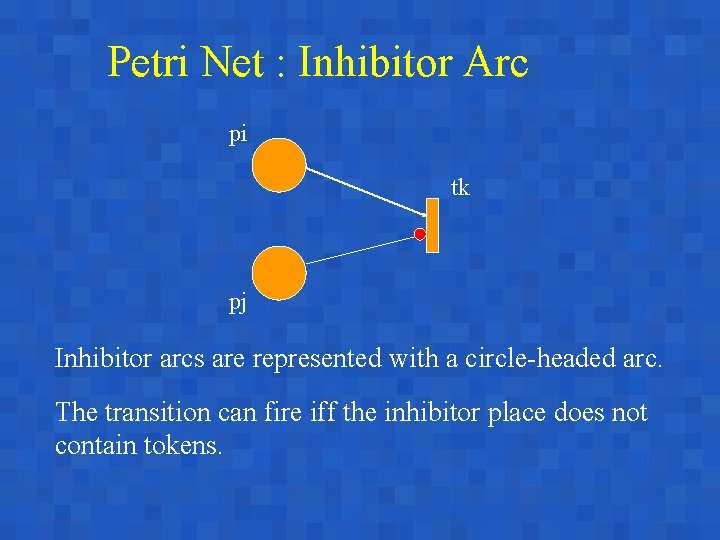 Petri Net : Inhibitor Arc pi tk pj Inhibitor arcs are represented with a