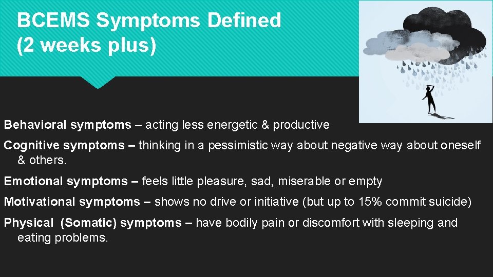 BCEMS Symptoms Defined (2 weeks plus) Behavioral symptoms – acting less energetic & productive