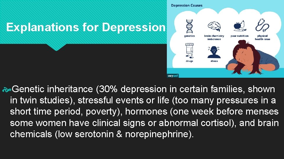 Explanations for Depression Genetic inheritance (30% depression in certain families, shown in twin studies),