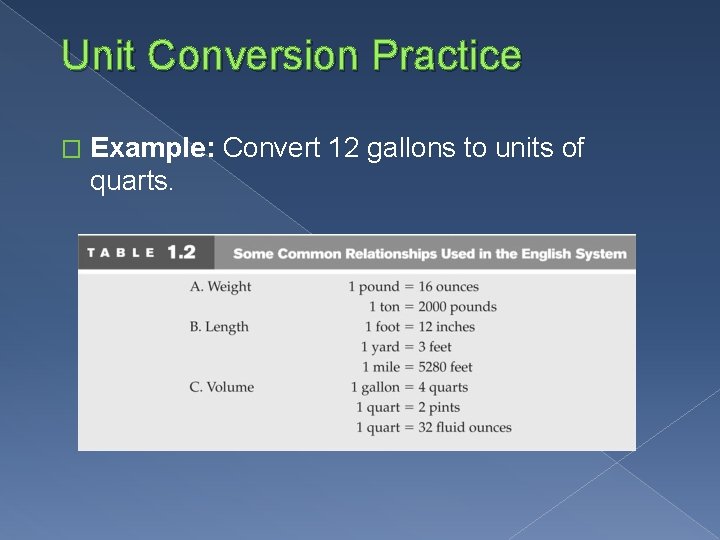 Unit Conversion Practice � Example: Convert 12 gallons to units of quarts. 