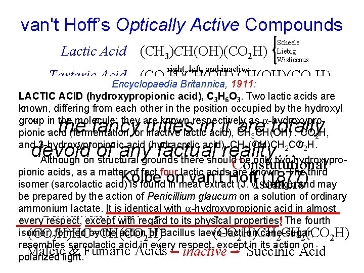 van't Hoff’s Optically Active Compounds Lactic Acid Tartaric (CH 3)CH(OH)(CO 2 H) Scheele Liebig