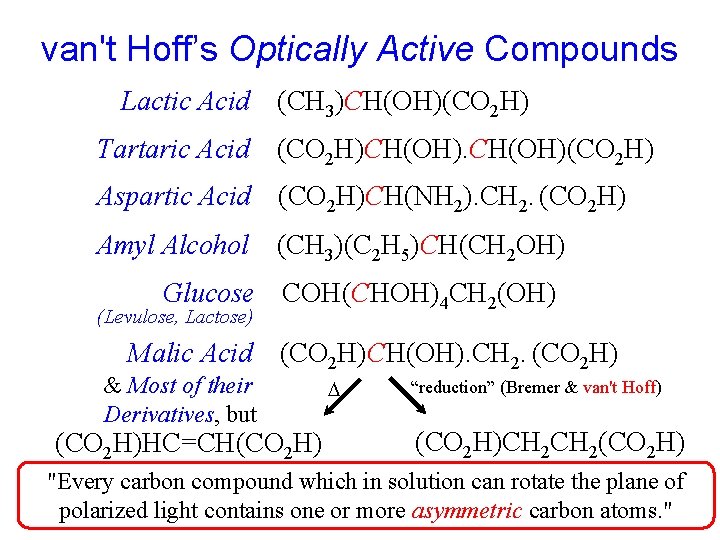 van't Hoff’s Optically Active Compounds Lactic Acid (CH 3)CH(OH)(CO 2 H) Tartaric Acid (CO