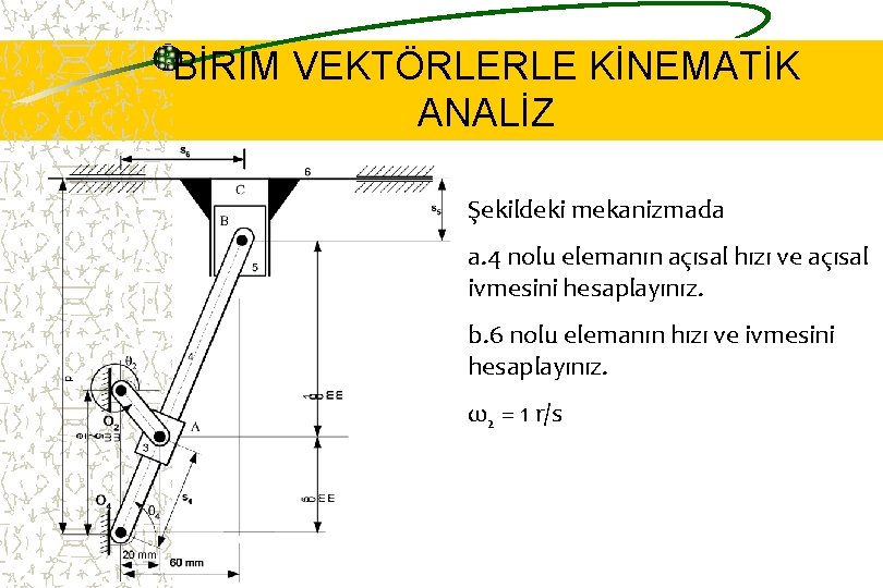 BİRİM VEKTÖRLERLE KİNEMATİK ANALİZ Şekildeki mekanizmada a. 4 nolu elemanın açısal hızı ve açısal