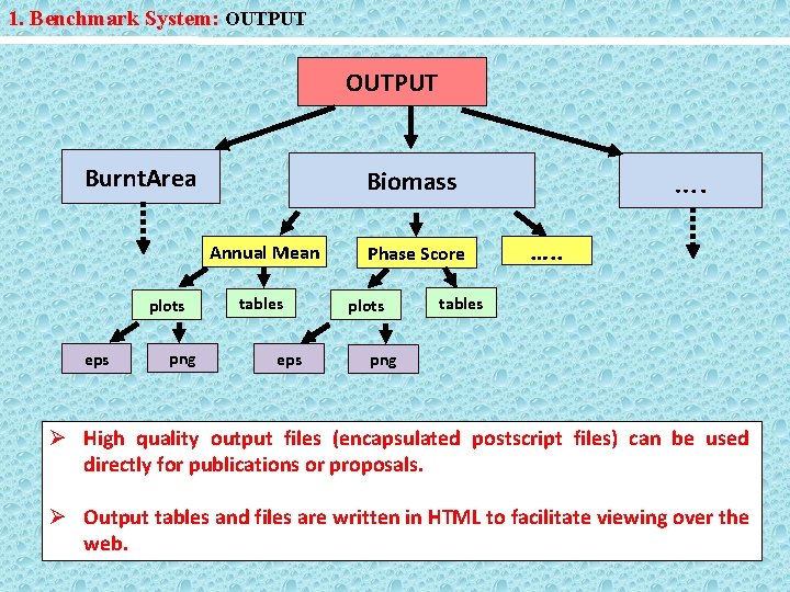 1. Benchmark System: OUTPUT Burnt. Area Annual Mean plots eps png …. Biomass tables