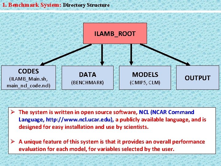 1. Benchmark System: Directory Structure ILAMB_ROOT CODES (ILAMB_Main. sh, main_ncl_code. ncl) DATA (BENCHMARK) MODELS