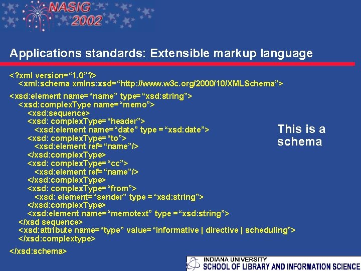 Applications standards: Extensible markup language <? xml version=“ 1. 0”? > <xml: schema xmlns: