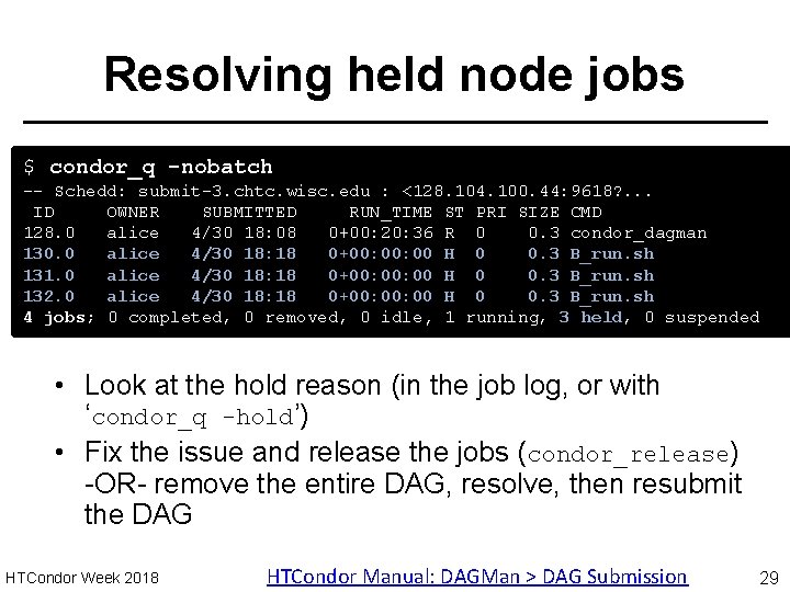 Resolving held node jobs $ condor_q -nobatch -- Schedd: submit-3. chtc. wisc. edu :