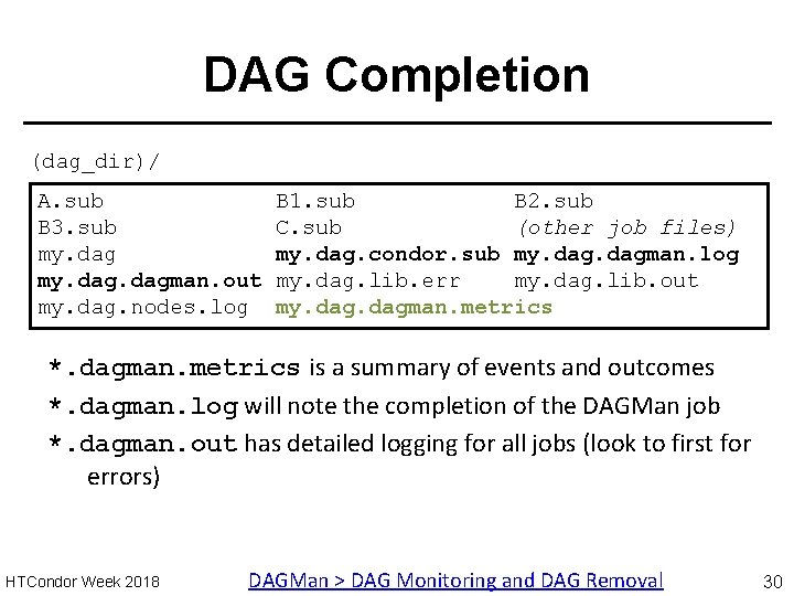 DAG Completion (dag_dir)/ A. sub B 3. sub my. dagman. out my. dag. nodes.