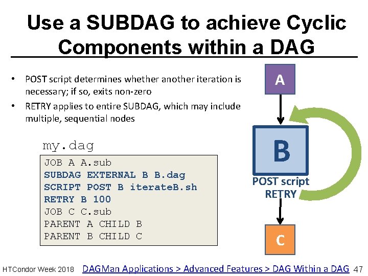 Use a SUBDAG to achieve Cyclic Components within a DAG • POST script determines