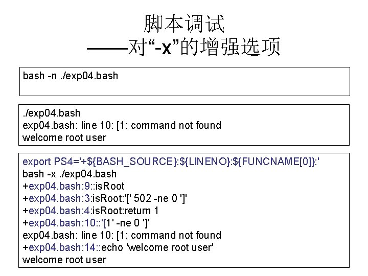 脚本调试 ——对“-x”的增强选项 bash -n. /exp 04. bash: line 10: [1: command not found welcome