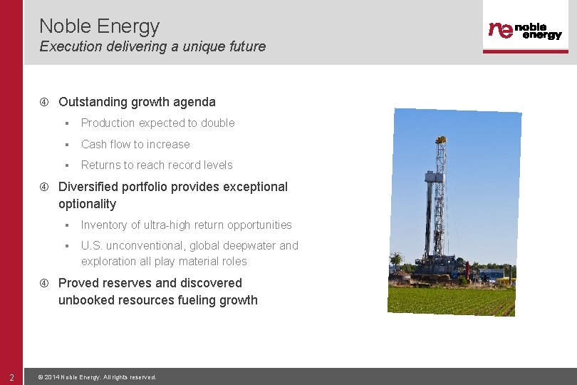 Noble Energy Execution delivering a unique future Outstanding growth agenda ▪ Production expected to