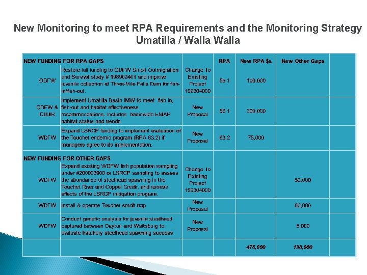 New Monitoring to meet RPA Requirements and the Monitoring Strategy Umatilla / Walla 