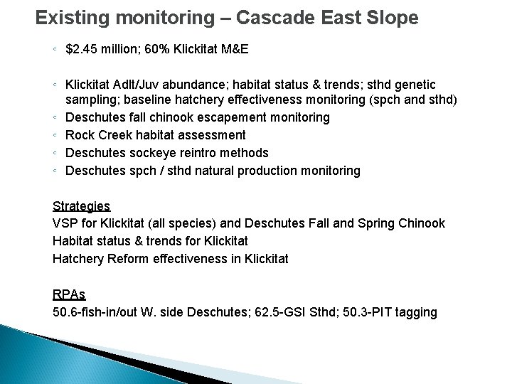 Existing monitoring – Cascade East Slope ◦ $2. 45 million; 60% Klickitat M&E ◦