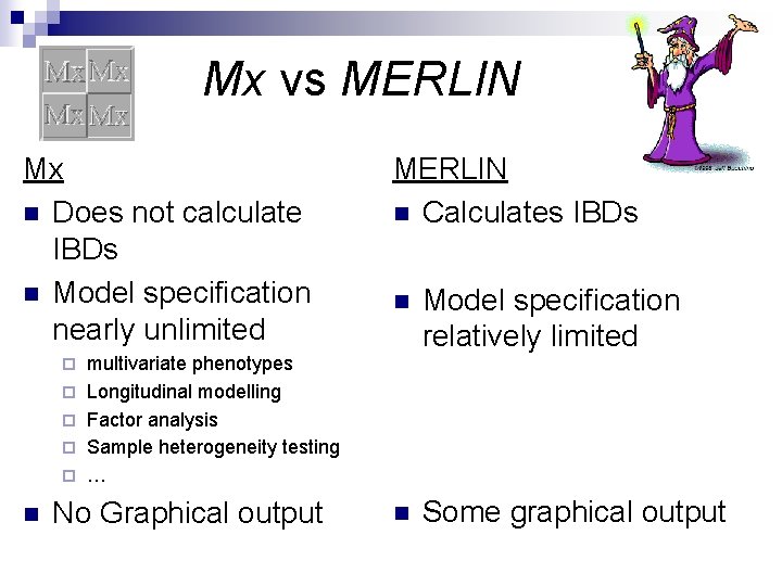 Mx vs MERLIN Mx n Does not calculate IBDs n Model specification nearly unlimited
