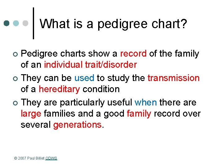 What is a pedigree chart? Pedigree charts show a record of the family of