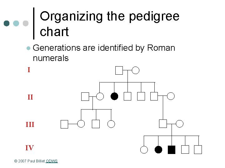 Organizing the pedigree chart l Generations are identified by Roman numerals I II IV