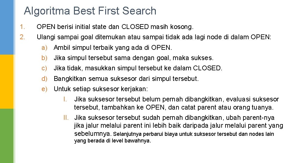 Algoritma Best First Search 1. OPEN berisi initial state dan CLOSED masih kosong. 2.